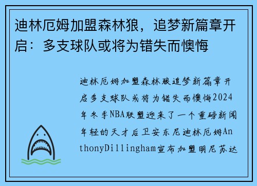 迪林厄姆加盟森林狼，追梦新篇章开启：多支球队或将为错失而懊悔
